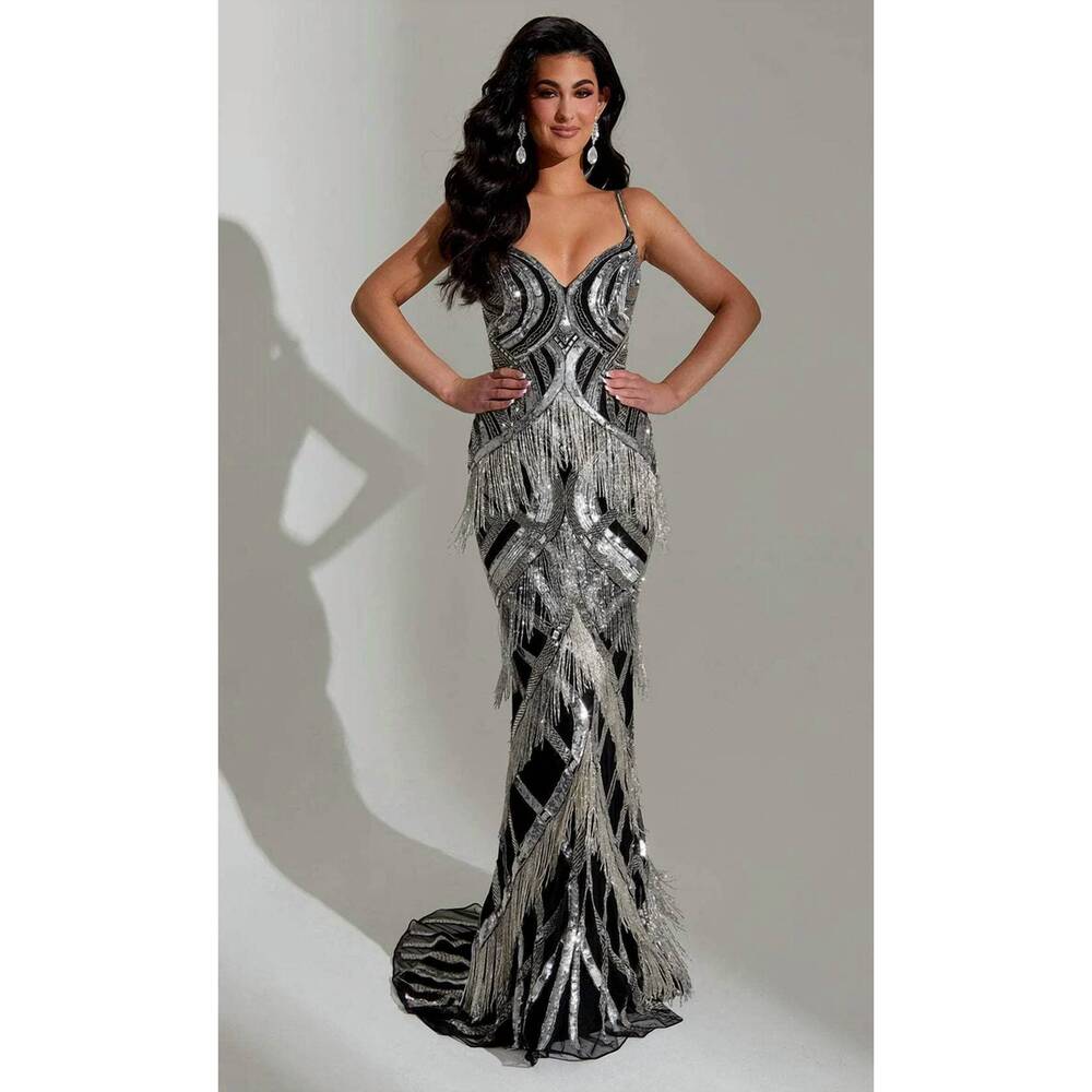 NEW JASZ COUTURE sleeveless fringe embellished evening dress in black/silver